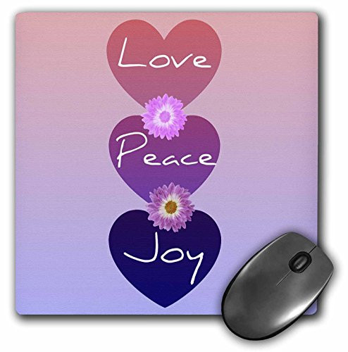 3dRose LLC 8 x 8 x 0.25 Inches Mouse Pad, Love, Peace, Joy Hearts with Pink Flowers (mp_40163_1)