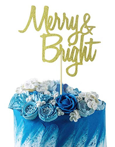 GrantParty Gold Merry & Bright Christmas Cake Topper - Holiday Santa and Reindeer Cake Decorations - Happy New Year,Hello 2021 Sign(Gold Merry)
