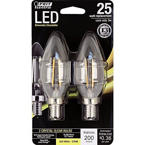 Feit Electric BPCTC25/827/LED/2 Chandelier Bulb, Candelabra Base, Clear Torpedo Tip, 25 Watt Equivalent Soft White, 2 Pack