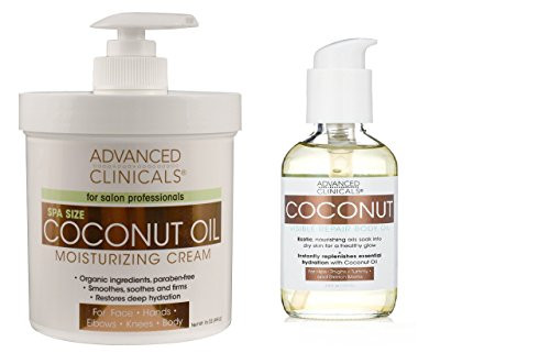 Advanced Clinicals Coconut Oil Body Cream and Coconut Body oil skin care set for men and women. Large 16oz cream for face and body and 4oz body oil helps with stretch marks, scars, and blemishes.