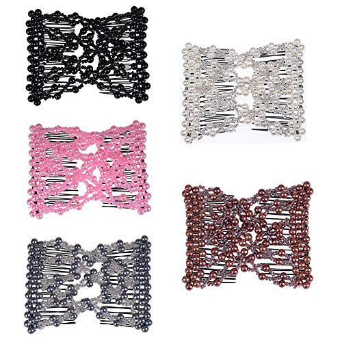 Casualfashion 5Pcs Easy Stretch Beaded Hair Combs Double Magic Slide Metal Comb Clip Hairpins for Women Hair Styling
