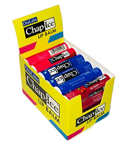 CHAP-ICE Assorted Lip Balm with Display Box, Moisture SPF-15, Cherry-SPF4, Watermelon, 24 Count