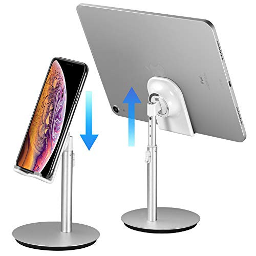 Cell Phone Stand, Tablet Holder, SAIJI Height Adjustable Aluminum Mount Dock, Compatible with iPhone Samsung Cell Phone, Tablet, iPad, Nintendo Switch, Kindle, Up to 10 Inch Screen (Sliver) 