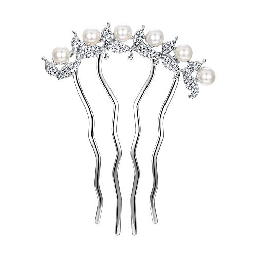 EVER FAITH Leaf Wedding Simulated Pearl Hair Comb Clear Austrian Crystal Silver-Tone EVER FAITH Leaf Wedding Simulated Pearl Hair Comb Clear Austrian Crystal Silver-Tone