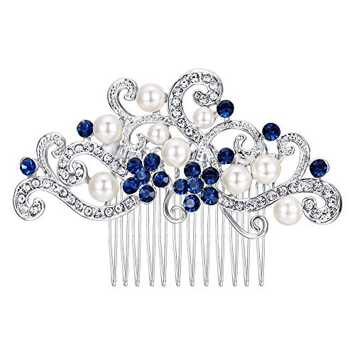 EVER FAITH Silver-Tone Austrian Crystal Cream Simulated Pearl Floral Vine Bridal Hair Side Comb Blue EVER FAITH Silver-Tone Austrian Crystal Cream Simulated Pearl Floral Vine Bridal Hair Side Comb Blue