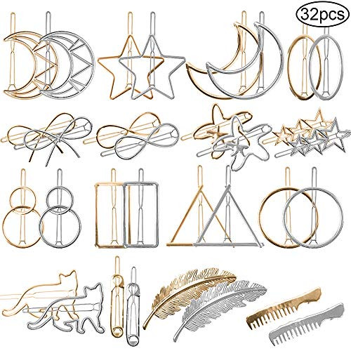 32pcs Hair Clips Gold Silver Geometric Clips Dainty Feather Moon Triangle Circle Hairpin Star Cat Hair Barrettes for Women 32pcs Hair Clips Gold Silver Geometric Clips Dainty Feather Moon Triangle Circle Hairpin Star Cat Hair Barrettes for Women
