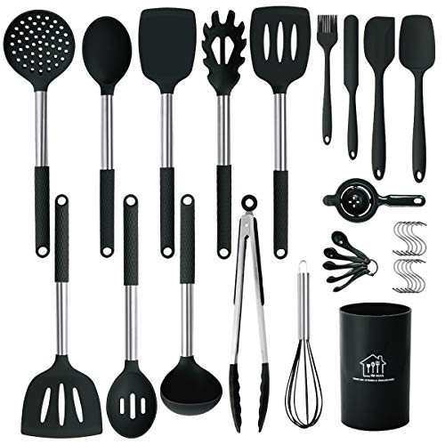 Silicone Cooking Utensils Set, 31pcs Kitchen Utensils Set, Heat Resistant Non-stick Silicone Kitchen Cookware with Stainless Steel Handle BPA-Free Kitchen Cooking Tools Set - Black