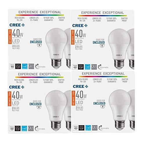 Cree 8 Pack 40W Equivalent Soft White (2700K) A19 Dimmable Exceptional Light Quality LED Light Bulb.