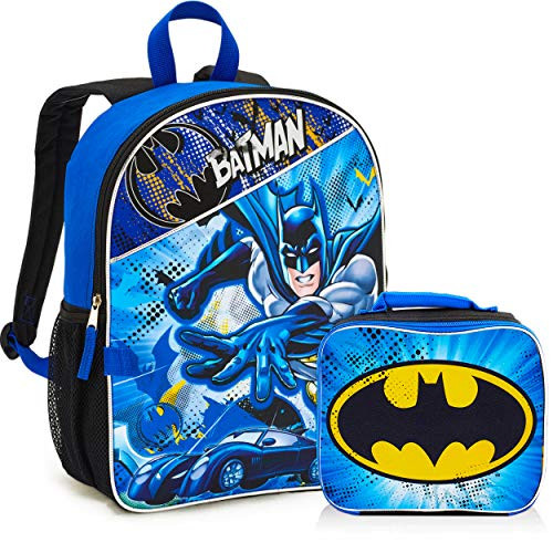 Batman Backpack and Lunch Box Set for Boys Kids ~ Deluxe 16" Batman Backpack with Detachable Insulated Lunch Bag (Batman School Supplies Bundle)