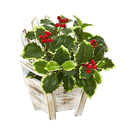 Nearly Natural Mini 11in. Variegated Holly Leaf Artificial Chair Planter (Real Touch) Silk Plants, Green/Red