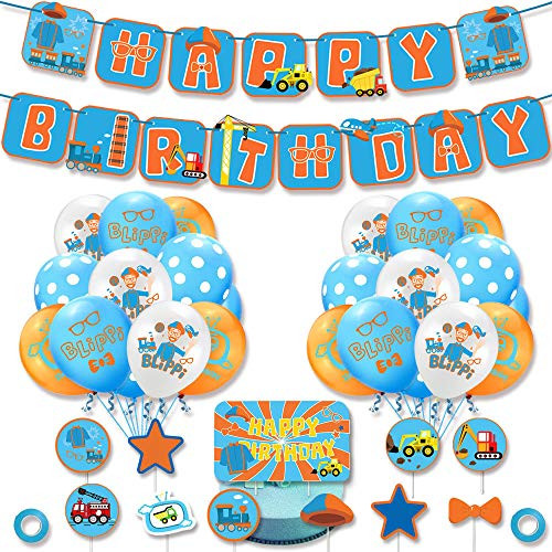 48PCS Blippi Balloons Birthday Party Supplies for Kids Blippi Theme Party Decorations, Include Blippi Banner, Latex Balloons and Cake Toppers