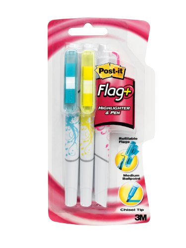 Post-it Flag+ Ballpoint Pen and Highlighter, Black Ink with Blue, Pink, and Yellow Flags, 50-Flags/Pen and Highlighter, 3-Pack - 691-HLP3
