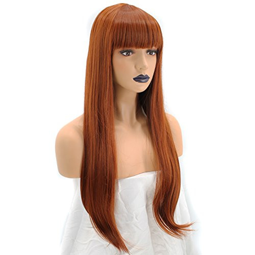 Anogol Hair Cap+ Women's Copper Red Orange Synthetic Red Wig With Bangs Hair Long Natural Wavy Wigs For Daily Life Hairstyles