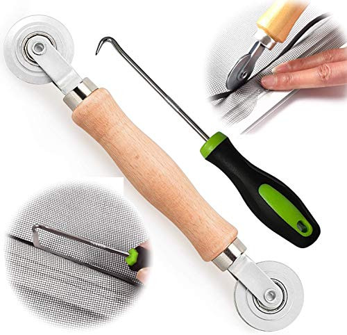 Screen Rolling Tools for Installing Window and Door Screens,Including 1pcs Screen Spline Roller Tool with Wooden Handle and Steel Bearing Wheel + 1pcs Layering Hook Tool