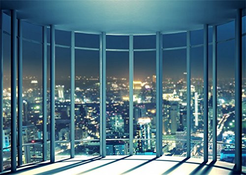 Laeacco City Aerial View 10x6.5ft Viewing Room Backdrop French Windows Skyscraper Shining Lights New York City Night View Romantic Wallpaper Photography Background Lover Adults Photo Studio Props