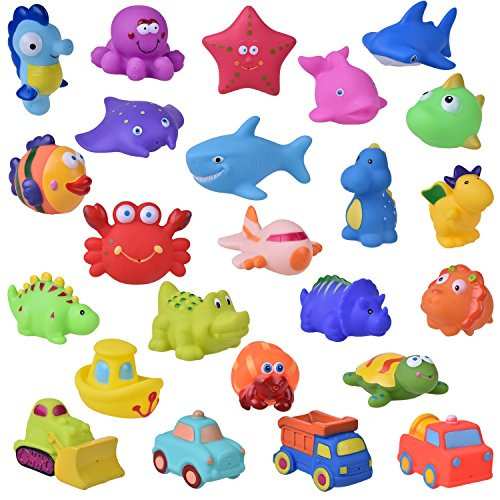 FUN LITTLE TOYS 24 PCs Bath Toys for Toddlers, Sea Animals Squirter Toys Kids, Car Squirter Toys Boys, Bath Toy Organizer Included Kids Party Favors, Goodie Bag fillers
