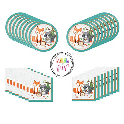 Woodland Animal Critters Birthday Party Supplies Bundle Pack of Dinner Plates and Napkins for 16 Guests plus Bundle of Fun Sticker