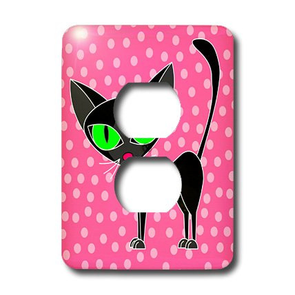 3dRose lsp_6357_6 Fancy Feline Black Cat Pink Dots Design 2 Plug Outlet Cover Multicolor