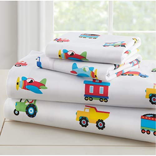 Wildkin Kids 100% Cotton Toddler Sheet Set for Boys and Girls,Bedding Set Includes Top Sheet,Fitted Sheet,Standard Pillow Case,Certified OEKO-TEX Standard 100,Olive Kids (Trains, Planes, and Trucks)