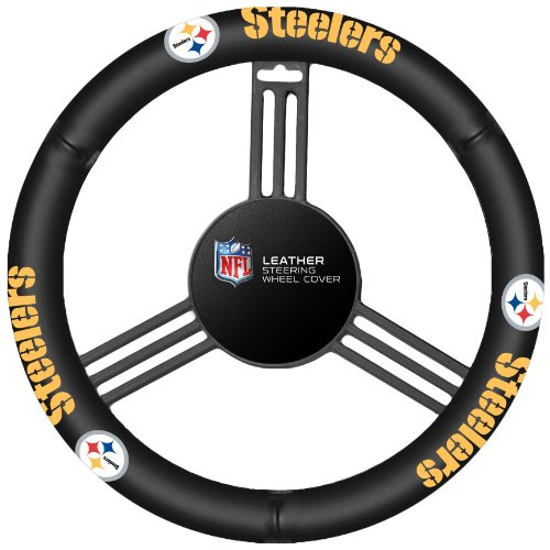 Fremont Die NFL Pittsburgh Steelers Leather Steering Wheel Cover, Fits Most Steering Wheels, Black/Team Colors Fremont Die NFL Pittsburgh Steelers Leather Steering Wheel Cover, Fits Most Steering Wheels, Black/Team Colors