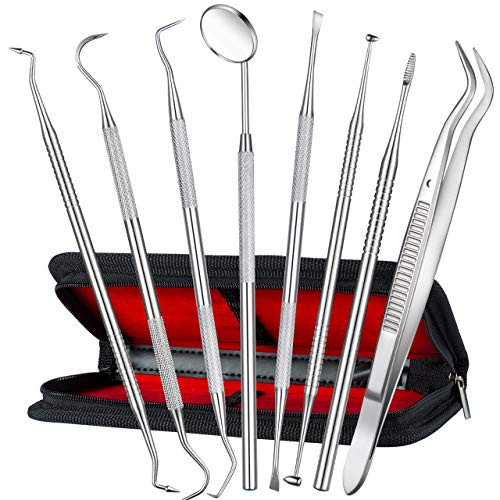 Dental Tools, ATMOKO 8 PACK Dental Pick Oral Care Kit, Stainless Steel Dental Hygiene Kit Set, Tooth Scraper Tartar Dental Scaler Tweezers Mouth Mirror for Personal & Pet Oral Care Use