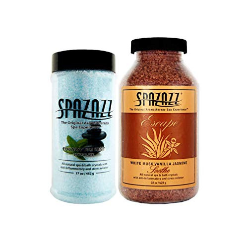 Spazazz Spa and Bath Crystals for Hot Tub and Bath Tubs  Original Botanical Eucalyptus Mint Stimulate 17oz (482g) and Escape White Musk Jasmine Vanilla Soothe 22oz (623g)  All Natural Aromatherapy