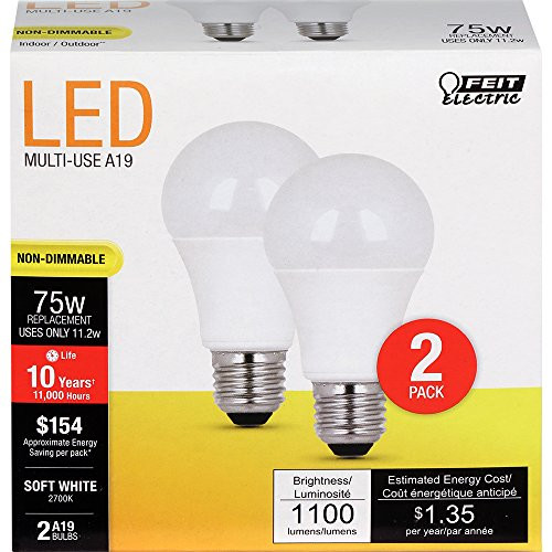 FEIT ELECTRIC A1100/827/10KLED/2 75W Equivalent 11.2 Watt Non-Dimmable 1100 Lumen A19 LED Light Bulb 2-Pack, 2 Pack, 2700K Soft White, 2