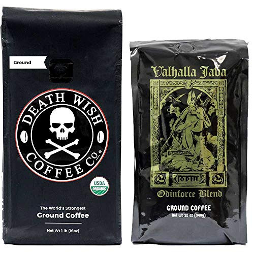 Death Wish & Valhalla Java Ground Coffee Bundle Deal, USDA Certified Organic & Fair Trade (1 of Each Bag)