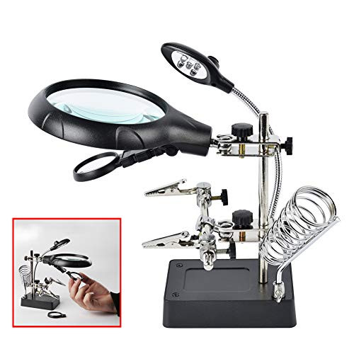 Beileshi 2.5X 7.5X 10X LED Light Helping Hands Magnifier Soldering Station,Magnifying Glass Stand with Auxiliary Clamp and Alligator Clips