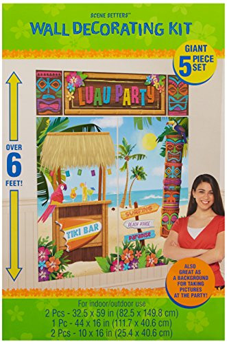 Sun-Sational Summer Luau Tropical Tiki Scene Setters Decoration, 50 Pieces, Made from Vinyl, Multicolor, 2 Plastic Pieces, 32 1/2" x 59" by Amscan