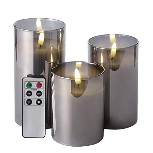 Eywamage Glass Flameless Candles with Remote Battery Operated Flickering LED Pillar Candles Real Wax Wick 3 Pack D 3" H 4" 5" 6" Grey Eywamage Glass Flameless Candles with Remote Battery Operated Flickering LED Pillar Candles Real Wax Wick 3 Pack D 3" H 4" 5" 6" Grey