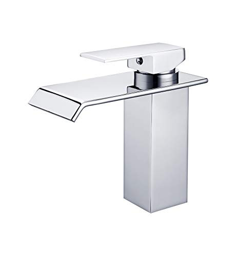 KAEN New Design Single Handle Lavatory Waterfall Bathroom Sink Faucet with Extra Large Rectangular Spout, Single Hole Solid Brass Basin Mixer Tap?Chrome?