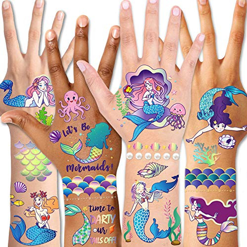 Temporary Tattoos for Kids(98pcs),Konsait Glitter Mermaid Tattoos for Children Girls Birthday Party Favors Supplies Great Kids Party Accessories Goodie Bag Stuffers Party Fillers Halloween Costume