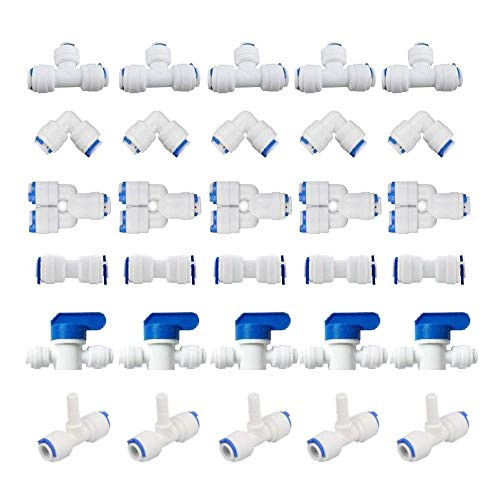OD Quick Connect Push in to Connect 1/4" Tube Fittings Set for RO Water Reverse Osmosis System, Push In to Connect Water Tube Fitting Set Pack of 30 (Y+T+I+L Type Combo + Ball Valve) OD Quick Connect Push in to Connect 1/4" Tube Fittings Set for RO Water Reverse Osmosis System, Push In to Connect Water Tube Fitting Set Pack of 30 (Y+T+I+L Type Combo + Ball Valve)