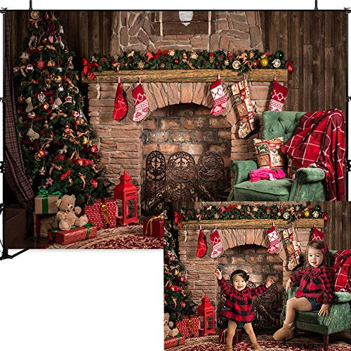 Dobeans 10x10ft Christmas Fireplace Photo Backdrop Vinyl Christmas Tree Xmas Stocking Customized Photography Backdrops Indoor Soft Brick Fireplace Background for Photography Christmas Party Backdrop