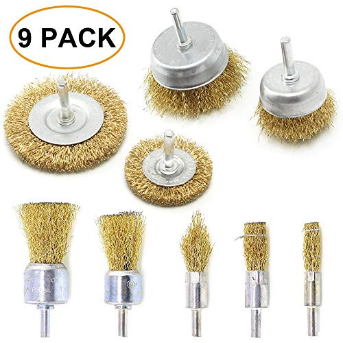 9Pcs Brass Coated Wire Brush Wheel & Cup Brush Set with 1/4-Inch Shank,Coated Wire Drill Brush Set Perfect For Removal of Rust/Corrosion/Paint - Reduced Wire Breakage and Longer Life