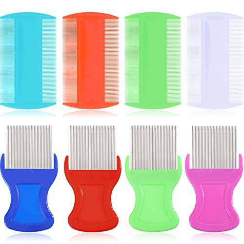 8 Pieces Flea Lice Comb Lice Removal Combs Include 4 Pieces Nit Remover with Metal Teeth and 4 Pieces Double Sided Teeth Combs for Hair and Heads