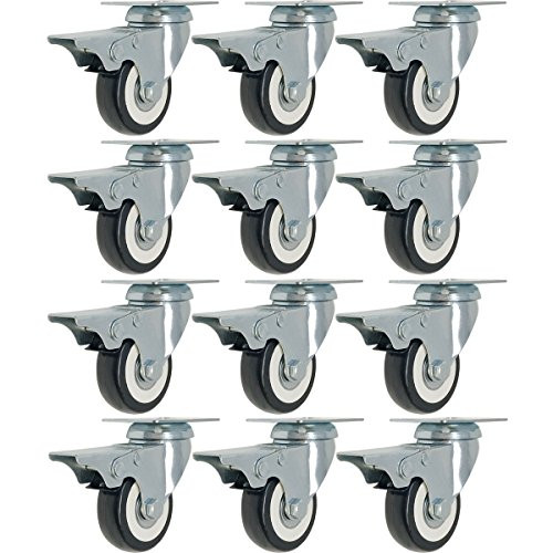 12 Pack 2-Inch Caster Wheels WITH BRAKE Swivel Plate Casters On Black Polyurethane Wheels