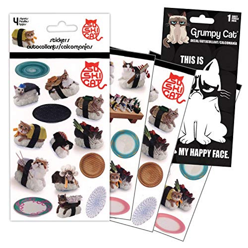 Sushi Cat Stickers - 4 Sheets of Stickers Bundled with and 1 Large Grumpy Cat Decal