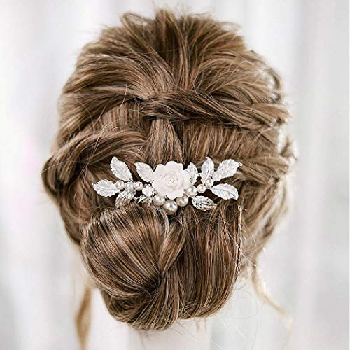 Aukmla Flower Bride Wedding Hair Comb Silver Leaf Bridal Hair Piece Pearls Hair Accessories for Women and Girls