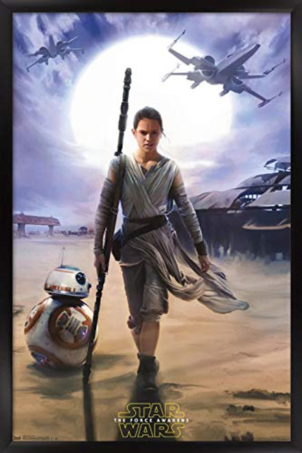 Trends International Star Wars: The Force Awakens - Rey, 14.725" x 22.375", Black Framed Version