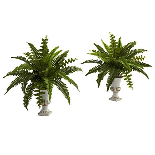 Nearly Natural 6790-S2 Boston Fern with Urn (Set of 2),Green