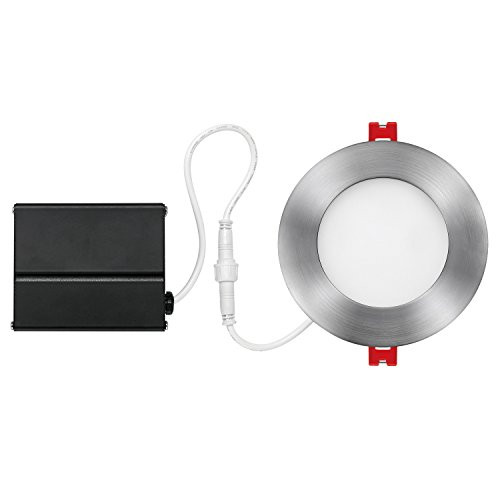 Globe Electric 4" LED Integrated Ultra Slim Recessed Lighting Kit, 9 Watts, Energy Star, IC Rated, Dimmable, Wet Rated, Fixed Flood, Brushed Nickel Finish, 90932