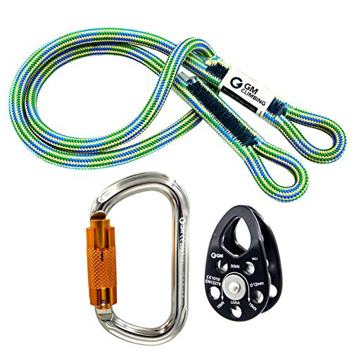 GM CLIMBING Hitch Slack Tending Pulley Kit for Doubled Rope Climbing System Basic Unit of General Hauling - 30kN Micro Pulley (Black, Bushing) & Oval Locking Carainber & 30in 8mm VT Prusik