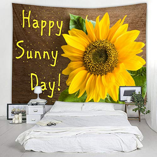 Sunflower Brown Wooden Board Print Fabric Tapestry Decor Wall Art Tablecloths Bedspread Picnic Blanket Tapestries Colorful Bedroom Hall Dorm Living Room Hanging Bedding 79 x 59 inches