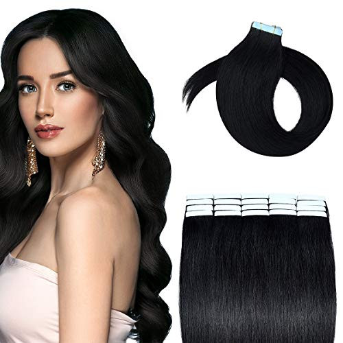 HAIRREAL Tape in Hair Extensions Remy Human Hair Seamless Skin Weft Straight Hair 50g/Pack 18 Inch 20Pcs Hairpiece 1# Jet Black