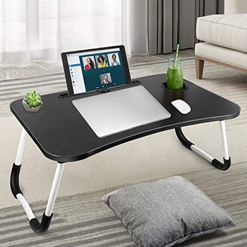 Foldable Laptop Table, Portable Laptop Bed Tray Table, Lap Standing Desk, Notebook Stand Reading Holder Breakfast Serving Bed Tray with Tablet Slots & Cup Holder for Bed/Couch/Sofa