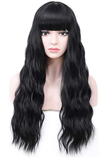 COSYMAY Black Wig with Bangs Synthetic Cosplay Women Wig 26 inch Long Wavy Curly Full Wig Glueless Heat Resistant Halloween Party Wig