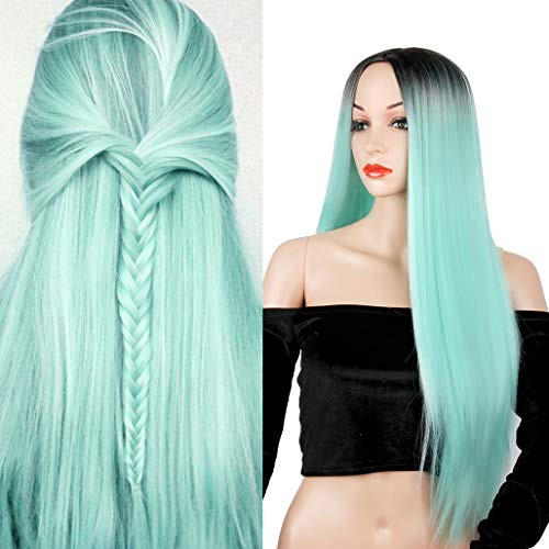 Ombre Mint Green Long Straight Wig Colorful Middle Part Heat Resistant Synthetic Fiber Full Wigs for Woman Wigs Party Cosplay Daily Wig with Dark Roots Natural Looking Wig?Mint Green?