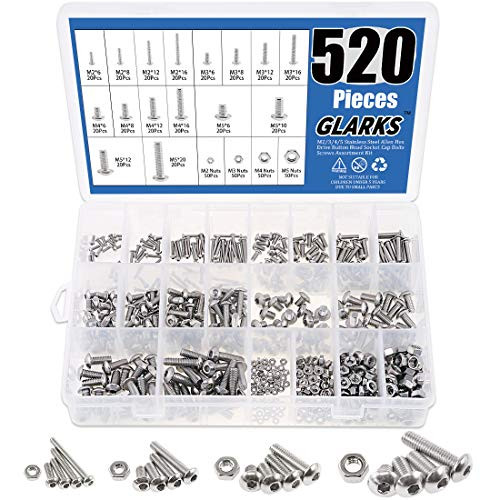 Glarks 520Pcs M2 / 3/4 / 5 Stainless Steel Allen Hex Drive Button Head Socket Cap Bolts Screws Assortment Kit